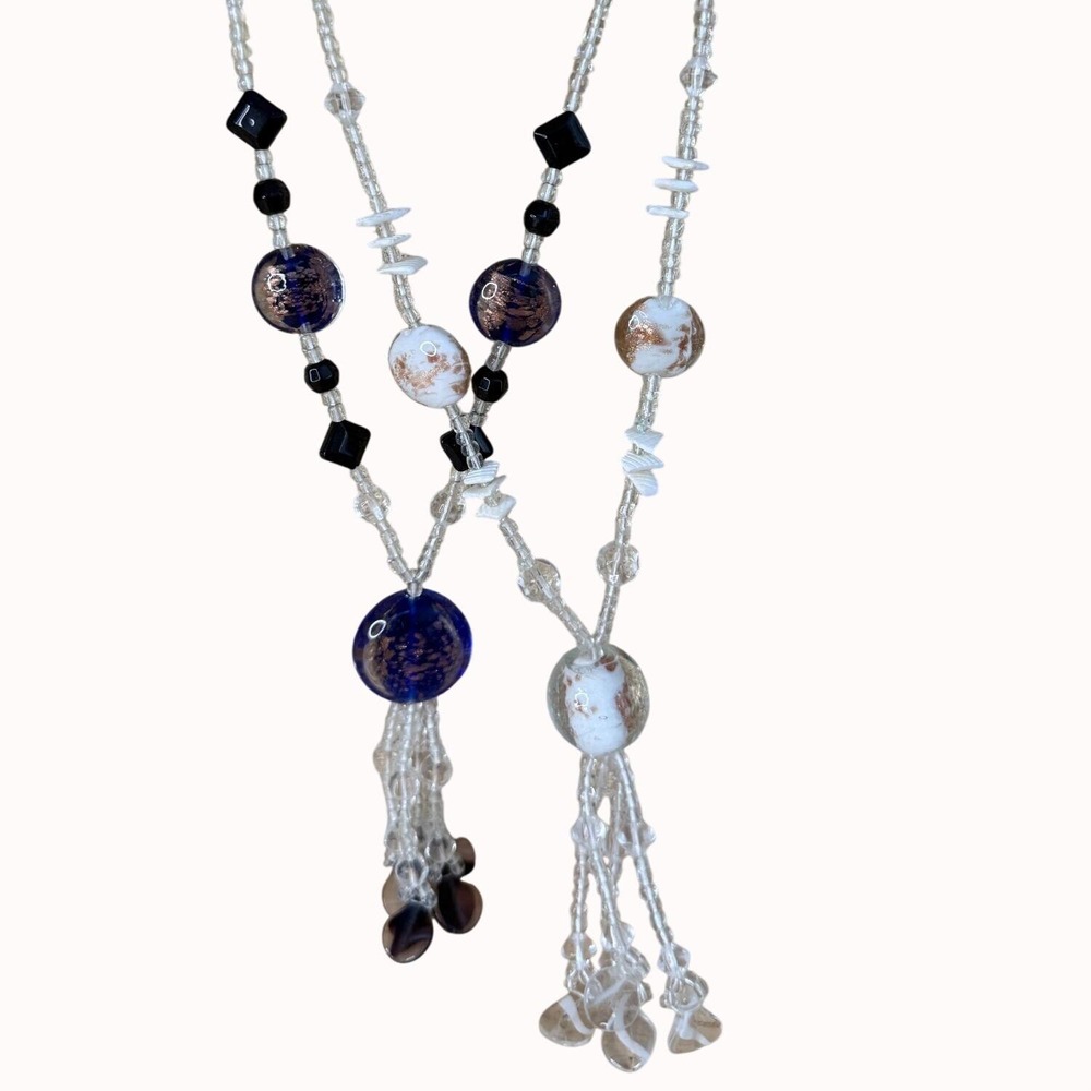 Necklace Set White Handcrafted Glass Bead &‎ Crystal Long Tassel